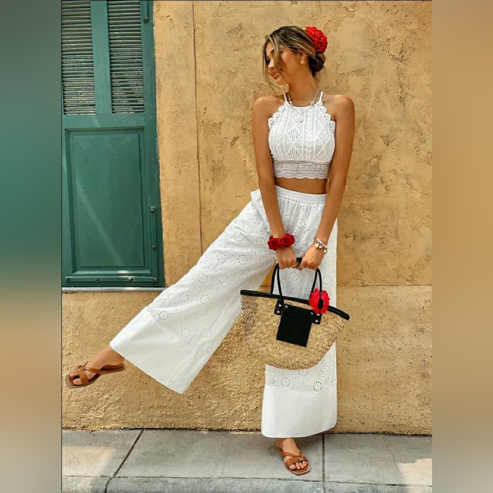 NEW! White Eyelet Wide-Leg Pants - Picture 5 of 7